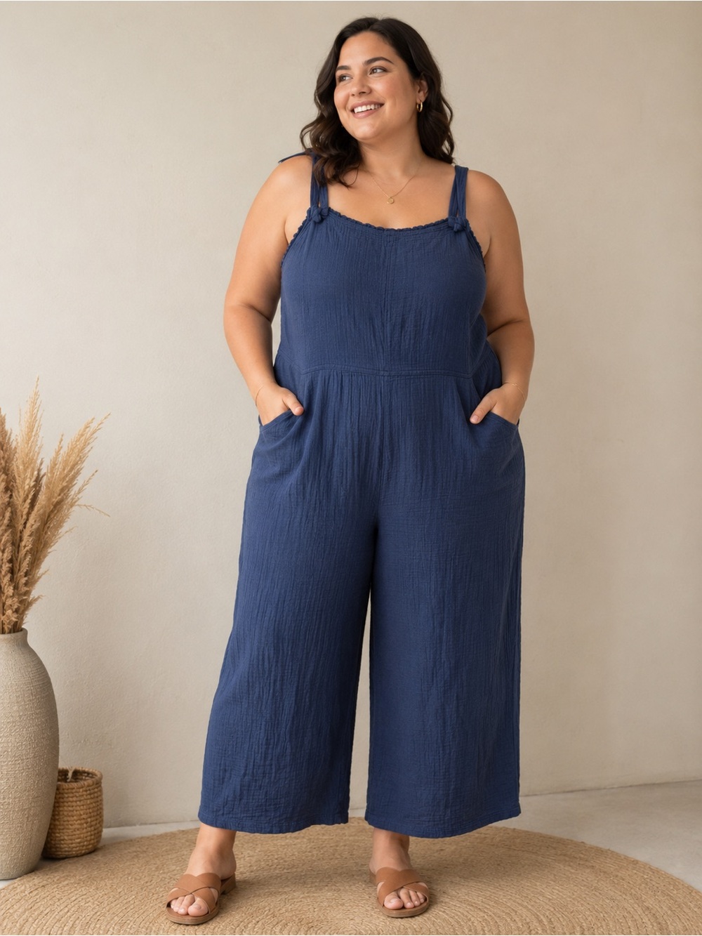 Daily Practice by Anthropologie Blue Gauze Cotton Wide Leg Jumper Jumpsuit 2X